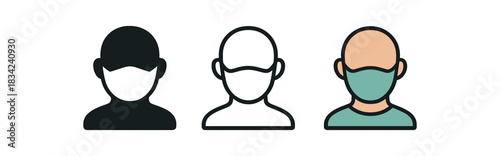 face mask icons three simple face outline with mask shape on cheeks one flat solid monochrome one thin black outline black and white one full color flat icon mint and peach