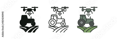 smart farming icons three tractor drone and field silhouettes one flat solid monochrome one thin black outline black and white one full color flat icon green and gray