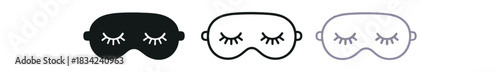 sleep mask icons three eye mask icons with closed lashes one flat solid monochrome one thin black outline black and white one full color flat icon soft lilac