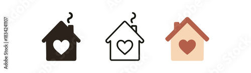 warm house icons three small house with smoke and heart window icons one flat solid monochrome one thin black outline black and white one full color flat icon beige and terracotta