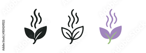 aromatherapy icons three small swirl and leaf scent icons one flat solid monochrome one thin black outline black and white one full color flat icon lavender and green