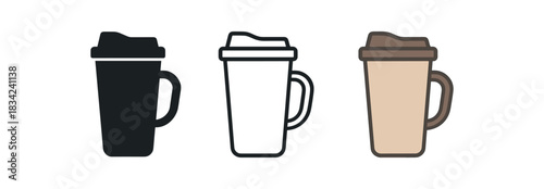 travel mug icons three insulated cup silhouettes with lid one flat solid monochrome one thin black outline black and white one full color flat icon soft neutral travel tones