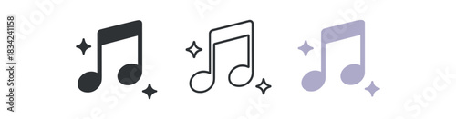 music note relax icons three gentle music note with small icons one flat solid monochrome one thin black outline black and white one full color flat icon soft purple