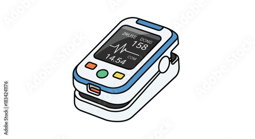 Digital fingertip pulse oximeter displaying vital signs.