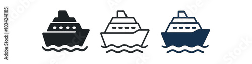 cruise ship icons three ship silhouettes with small wave base one flat solid monochrome one thin black outline black and white one full color flat icon white and navy