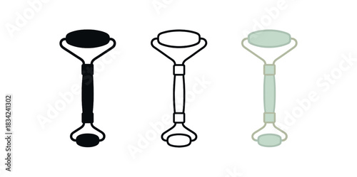 facial roller icons three jade roller silhouettes one flat solid monochrome one thin black outline black and white one full color flat icon soft green