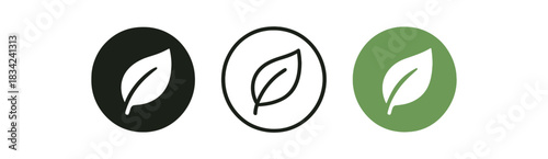 organic label icons three circle tag and leaf silhouettes one flat solid monochrome one thin black outline black and white one full color flat icon green and white