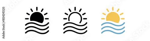 breath practice icons three sun over three curved lines icons one flat solid monochrome one thin black outline black and white one full color flat icon and blue