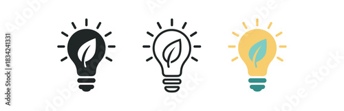 eco lighting icons three bulb sun and leaf silhouettes one flat solid monochrome one thin black outline black and white one full color flat icon and mint