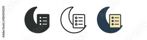 bedtime routine icons three moon with tiny checklist dots icons one flat solid monochrome one thin black outline black and white one full color flat icon navy and pale