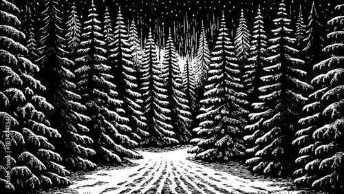 winter forest filled with snow-covered pine trees, gentle soft snowfall, and calm natural lighting ideal for creating Christmas 2026 themed visuals