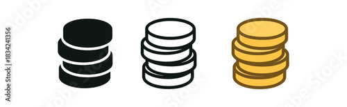 money coin icons three stacked coin icons one flat solid monochrome one thin black outline black and white one full color flat icon gold and soft
