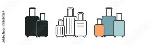 suitcase set icons three grouped cabin medium and large suitcase silhouettes one flat solid monochrome one thin black outline black and white one full color flat icon coordinated travel