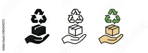 sustainable product icons three box hand and arrow silhouettes one flat solid monochrome one thin black outline black and white one full color flat icon beige and green