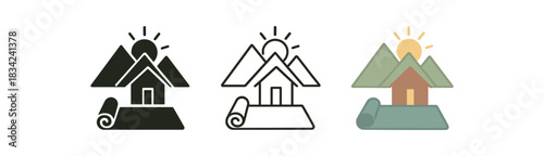 wellness retreat icons three mountain cabin yoga mat and sun silhouettes one flat solid monochrome one thin black outline black and white one full color flat icon soft natural palette