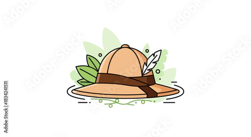 Safari Pith Helmet with Feather and Green Leaves.
