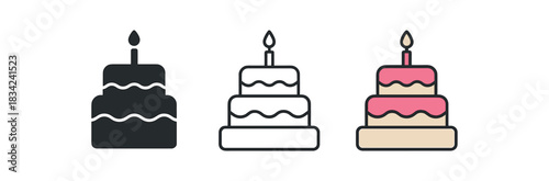 cake icons three layered cake silhouettes with candle and cream line one flat solid monochrome one thin black outline black and white one full color flat icon pink and beige