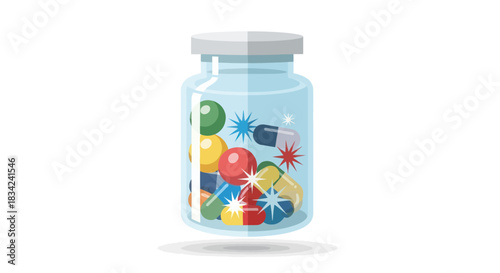 Glass Jar Filled with Colorful Assorted Pills and Capsules.