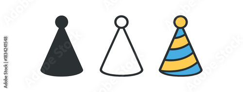party hat icons three cone hat silhouettes with pom pom top one flat solid monochrome one thin black outline black and white one full color flat icon and blue
