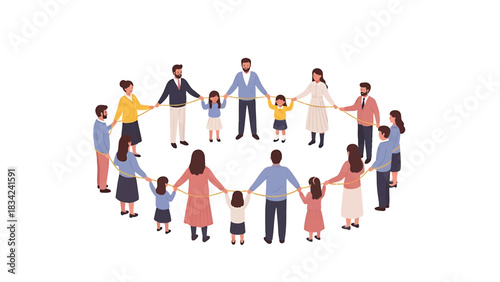 Diverse group of people and children standing in a circle holding hands together