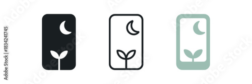 digital detox icons three phone moon and plant silhouettes one flat solid monochrome one thin black outline black and white one full color flat icon mint and ivory