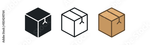 package box icons three shipping box icons one flat solid monochrome one thin black outline black and white one full color flat icon cardboard brown