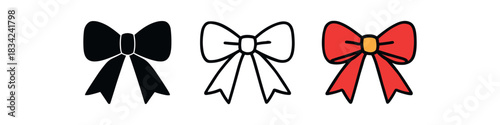 ribbon bow icons three tied ribbon silhouettes with neat loops one flat solid monochrome one thin black outline black and white one full color flat icon red and gold