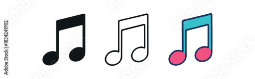 music note icons three note silhouettes with curved lines one flat solid monochrome one thin black outline black and white one full color flat icon bright pink and blue