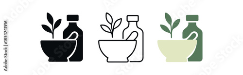 herbal medicine icons three plant mortar and bottle silhouettes one flat solid monochrome one thin black outline black and white one full color flat icon green and ivory