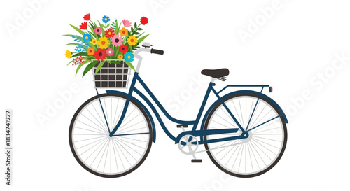 Blue Bicycle with Basket Full of Colorful Flowers Vintage Style.