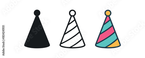 birthday hat icons three tall striped hat silhouettes with small pom one flat solid monochrome one thin black outline black and white one full color flat icon fun bright palette