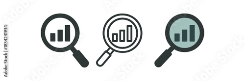 analytics icons three magnifying glass over chart icons one flat solid monochrome one thin black outline black and white one full color flat icon gray and teal