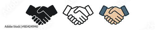 handshake icons three handshake icons one flat solid monochrome one thin black outline black and white one full color flat icon beige and blue