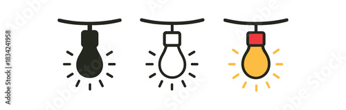 festive light icons three string bulb silhouettes with small glow one flat solid monochrome one thin black outline black and white one full color flat icon and red