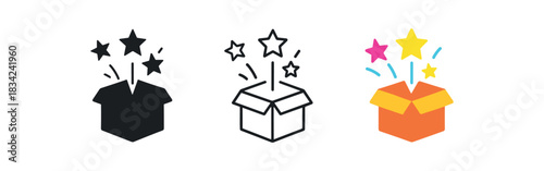 surprise box icons three open box silhouettes with stars coming one flat solid monochrome one thin black outline black and white one full color flat icon bright surprise tones