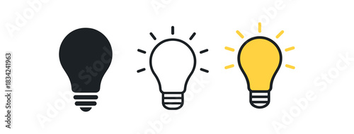 idea bulb icons three light bulb icons one flat solid monochrome one thin black outline black and white one full color flat icon with soft glow