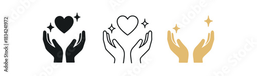 healing touch icons three hand heart and spark silhouettes one flat solid monochrome one thin black outline black and white one full color flat icon soft gold and ivory