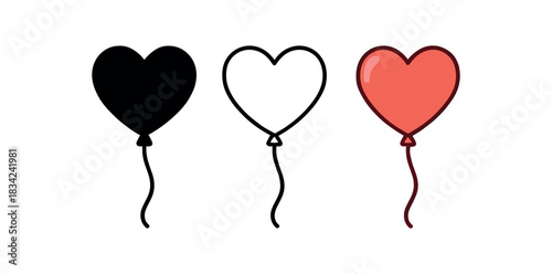 heart balloon icons three heart shape balloon silhouettes with string one flat solid monochrome one thin black outline black and white one full color flat icon red and pink