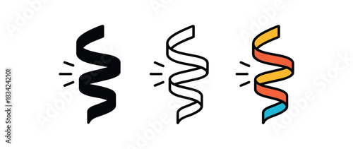 streamer ribbon icons three curled ribbon silhouettes with movement lines one flat solid monochrome one thin black outline black and white one full color flat icon bright festive palette