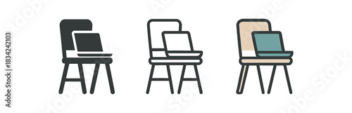 remote work icons three chair and laptop icons one flat solid monochrome one thin black outline black and white one full color flat icon beige and teal