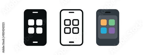 smartphone app icons three phone with four grid dots icons one flat solid monochrome one thin black outline black and white one full color flat icon with dark body and colorful dots
