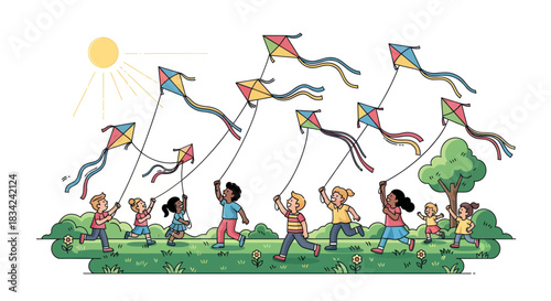 Diverse group of children joyfully flying colorful kites on a sunny day in a grassy field with a tree.