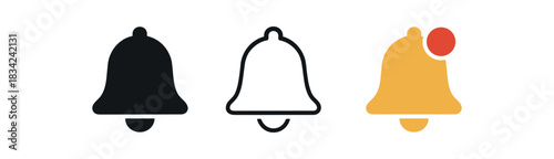notification icons three bell with tiny dot icons one flat solid monochrome one thin black outline black and white one full color flat icon gold with red dot