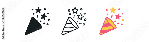 confetti popper icons three small cone silhouettes with dots and stars flying one flat solid monochrome one thin black outline black and white one full color flat icon and pink