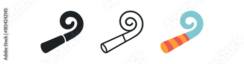 party horn icons three noise maker silhouettes with curled paper ends one flat solid monochrome one thin black outline black and white one full color flat icon bright festive colors