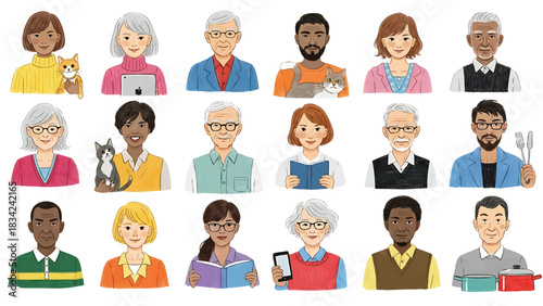 Diverse handdrawn portraits of people with different activities and pets art work