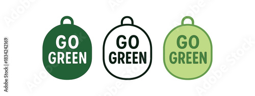 lettering icons three rounded tags with text go green one flat solid monochrome one thin black outline black and white one full color flat icon fresh green palette
