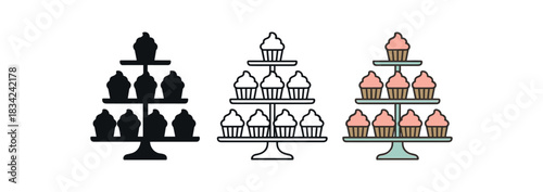 cupcake tower icons three tiered stand silhouettes with small cupcakes one flat solid monochrome one thin black outline black and white one full color flat icon pastel dessert tones