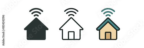 smart home icons three house with small signal waves icons one flat solid monochrome one thin black outline black and white one full color flat icon beige and teal