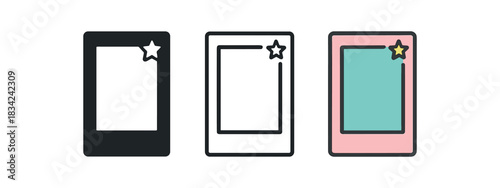 photo booth frame icons three rectangular frame silhouettes with small detail one flat solid monochrome one thin black outline black and white one full color flat icon pastel party tones